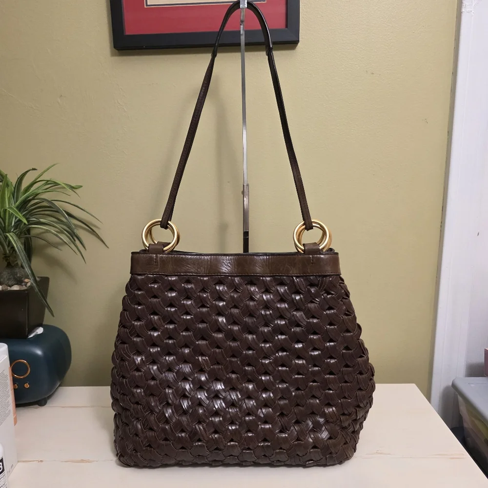 Tory Burch | Farrah Brown Woven Leather Shoulder Bag
